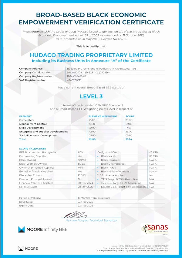 hudaco trading certificate 2025
